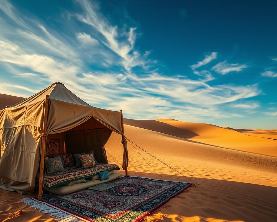 A Bereber jaima tent nestled in the sweeping dunes of the Moroccan desert, its camel-hair fabric softly billowing in the warm breeze. The sky above is a wash of deep azure, with wispy cirrus clouds casting gentle shadows upon the golden sands. In the foreground, the jaima's ornate, hand-woven rugs and low, cushioned seating invite weary travelers to rest and take in the tranquil, timeless landscape. The scene is bathed in the soft, golden glow of late afternoon light, captured through the lens of a medium-format camera with a shallow depth of field, creating a dreamlike, immersive atmosphere.