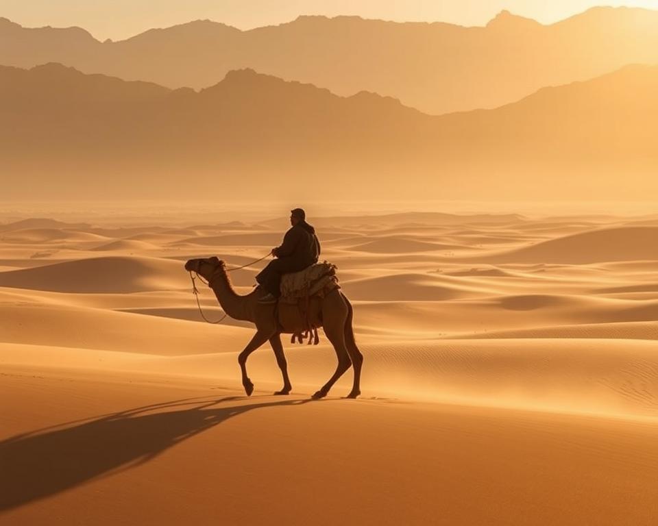 A breathtaking desert landscape, with rugged mountains and rolling sand dunes in the distance. In the foreground, a traditional Moroccan transport - a camel caravan slowly making its way across the vast expanse, the riders silhouetted against the warm, golden light of the setting sun. The scene is bathed in a soft, hazy glow, conveying the timeless, tranquil atmosphere of the Sahara Desert. The image captures the essence of the journey from Marrakech to the Sahara, showcasing the iconic mode of transportation that has been used for centuries in this remote and captivating region.