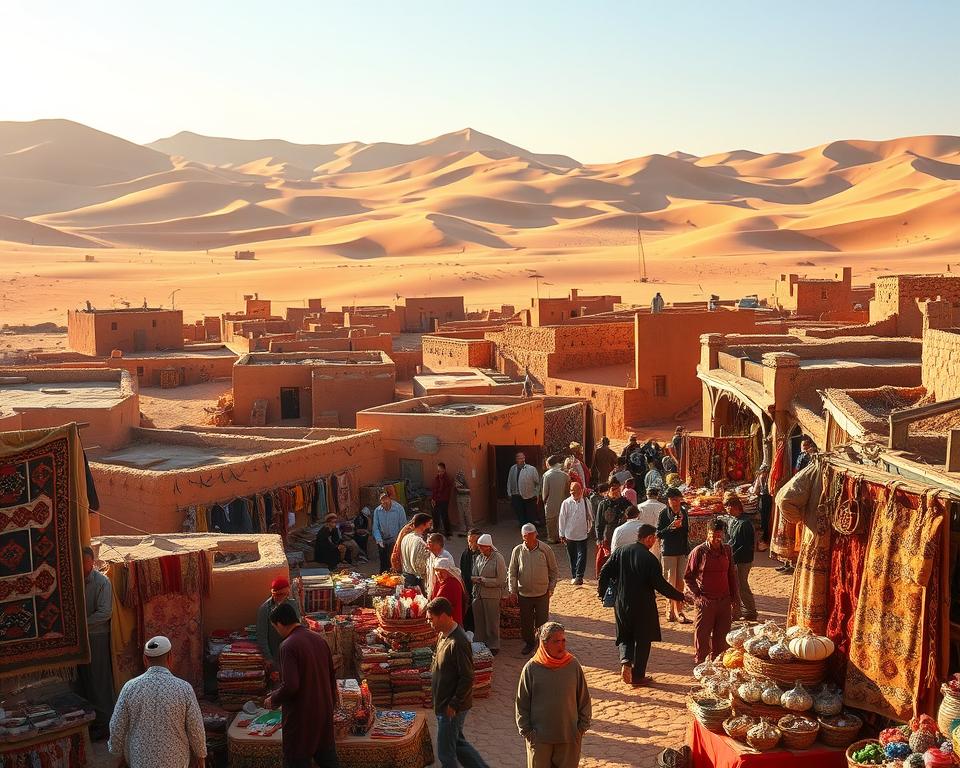 A bustling Berber marketplace in the heart of the Moroccan desert, bathed in warm, golden sunlight. In the foreground, a lively scene of local artisans and merchants showcasing their vibrant, handcrafted wares - intricately woven rugs, ornate jewelry, and fragrant spices. In the middle ground, clusters of mud-brick buildings and adobe homes, their walls adorned with intricate patterns and designs. In the background, towering, ochre-hued dunes stretch out as far as the eye can see, creating a stunning, timeless landscape. The air is filled with the sounds of haggling, laughter, and the aroma of exotic spices, evoking a sense of timeless cultural tradition and community.