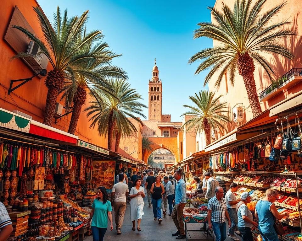 A bustling marketplace in Marrakech, Morocco, captured in a vibrant wide-angle shot. In the foreground, colorful stalls filled with handcrafted goods and spices, their owners haggling with eager tourists. The middle ground features a maze of narrow alleyways, lined with adobe buildings and shaded by lush palm trees. In the background, the iconic Koutoubia Mosque stands tall, its minaret piercing the clear blue sky. Warm afternoon sunlight filters through, casting a golden glow over the entire scene. The atmosphere is lively and immersive, inviting the viewer to explore the sights, sounds, and aromas of this enchanting Moroccan city.