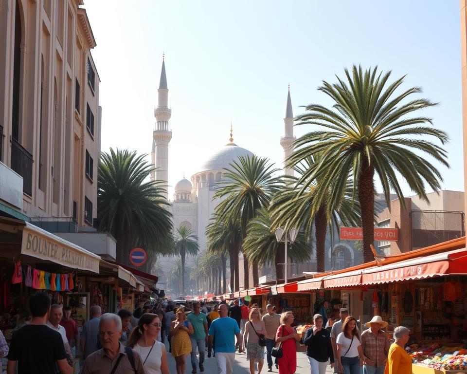 A bustling street in the heart of Casablanca, Morocco, under a warm afternoon sun. In the foreground, colorful stalls and shops line the sidewalk, offering a vibrant array of local wares and crafts. Pedestrians weave through the lively crowd, immersed in the sights, sounds, and scents of the vibrant marketplace. In the middle ground, towering palm trees sway gently, casting dappled shadows on the scene below. In the background, the iconic Hassan II Mosque stands tall, its intricate architecture and gleaming white facade a striking contrast to the bustling activity of the street. The atmosphere is one of energy, culture, and exploration, capturing the essence of a day spent discovering the wonders of Casablanca.