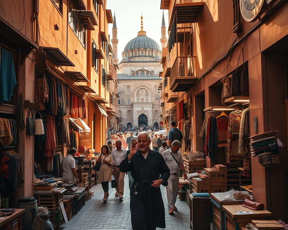 A bustling street in the historic medina of Fez, Morocco. In the foreground, a local guide in traditional dress leads a small group of tourists through the winding alleyways, gesturing towards the colorful shops and stalls lining the narrow passage. The middle ground is filled with the vibrant chaos of the marketplace - artisans crafting intricate leatherwork, weavers at their looms, and the enticing aromas of spices and freshly baked bread. In the background, the iconic minarets and domes of the Karaouine Mosque rise majestically, casting long shadows across the scene. The warm, golden light of the midday sun bathes the entire tableau, evoking the timeless spirit of this cultural epicenter.