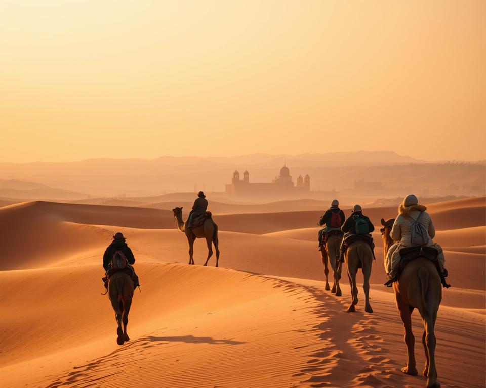 A caravan of camels traverses the golden dunes of the Moroccan desert, their silhouettes etched against the warm, hazy sky. In the distance, the iconic pink-hued walls of Marrakech's medina come into view, signaling the end of an adventurous journey. The travelers, weary yet exhilarated, gaze out across the vast expanse, taking in the vibrant colors and dramatic shadows cast by the setting sun. The scene exudes a sense of tranquility and timelessness, capturing the essence of the return to the vibrant, bustling city after a captivating excursion into the heart of the Sahara.