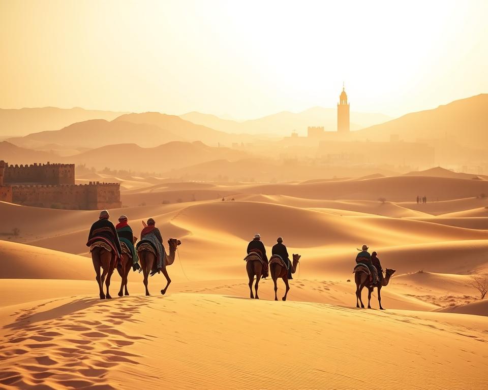 A desert caravan winding its way back to the ancient walls of Marrakech, the sun's golden glow painting the dunes in a warm, burnished hue. In the foreground, a caravan of camels and their Berber riders, their colorful robes and intricately woven blankets adding a vibrant contrast to the serene landscape. The middle ground reveals the distant silhouette of the city's iconic minaret, its spire reaching skyward against a backdrop of rugged, ochre-hued mountains. The scene is bathed in a soft, diffused light, creating a sense of tranquility and timelessness, evoking the essence of the Moroccan desert experience.