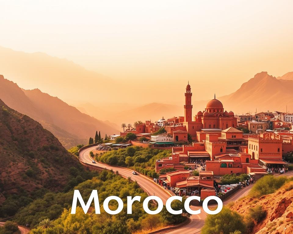 A detailed travel guide to Morocco, presented in a vibrant, well-organized layout. The cover showcases a captivating vista of the High Atlas Mountains, with their rugged peaks bathed in warm, golden sunlight. In the foreground, a winding road leads through a lush, verdant valley, dotted with traditional Berber villages. The middle ground features the iconic ochre-hued buildings and bustling markets of Marrakech, with the minaret of a grand mosque rising majestically in the distance. The background is filled with a hazy, atmospheric desert landscape, evoking the vast, untamed beauty of the Sahara. The overall mood is one of adventure, cultural richness, and the promise of an unforgettable journey through this enchanting North African nation.