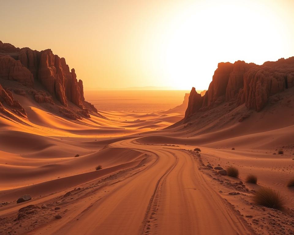 A dramatic desert landscape stretches out under a vast, golden sky. In the foreground, a winding, dusty road cuts through the rolling dunes, leading the eye towards the distant horizon. Towering rock formations and ancient, weathered cliffs frame the scene, casting dramatic shadows across the undulating terrain. The warm, muted tones of the sand and stone create a serene, timeless atmosphere, while the brilliant azure of the sky above offers a striking contrast. This is the route from Marrakech to the Sahara Desert, a journey through a timeless, awe-inspiring expanse of natural wonder.