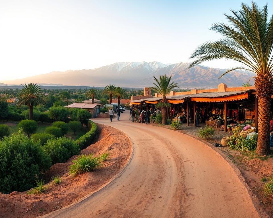 A panoramic view of the Moroccan landscape, captured with a wide-angle lens. In the foreground, a winding dirt road leads through a lush oasis, dotted with palm trees and vibrant greenery. The middle ground features a bustling Berber market, with vendors selling handcrafted goods and aromatic spices. In the distance, the majestic Atlas Mountains rise up, their snow-capped peaks bathed in warm, golden light. The scene exudes a sense of adventure and cultural immersion, perfectly capturing the essence of an "Itinerario Marruecos" journey.