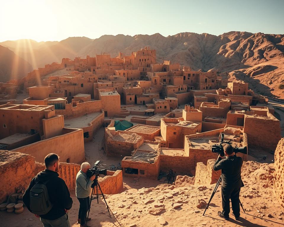 A picturesque hilltop village of Ait Ben Haddou, its clay-built buildings and winding alleys set against a rugged mountainous backdrop. Warm, golden sunlight bathes the scene, casting long shadows and accentuating the weathered textures. In the foreground, a small film crew prepares for a shot, their cameras and lighting equipment poised to capture the timeless essence of this cinematic location. The village appears as a living, breathing character, its history and character woven into the fabric of countless movies and TV shows that have featured this iconic Moroccan landmark.