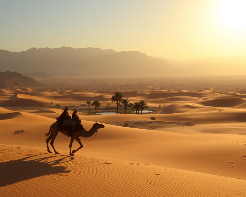 A serene desert landscape under the warm glow of the Moroccan sun. In the foreground, a pair of camels gracefully traverse the golden dunes, their riders bundled in traditional robes. The middle ground reveals a tranquil oasis, with lush palm trees and a shimmering pool of water. In the distance, rugged, sun-baked mountains rise against a hazy horizon, casting long shadows across the vast, undulating terrain. The scene exudes a sense of calm adventure and timeless beauty, inviting the viewer to imagine the comfort and safety of exploring this enchanting desert realm.