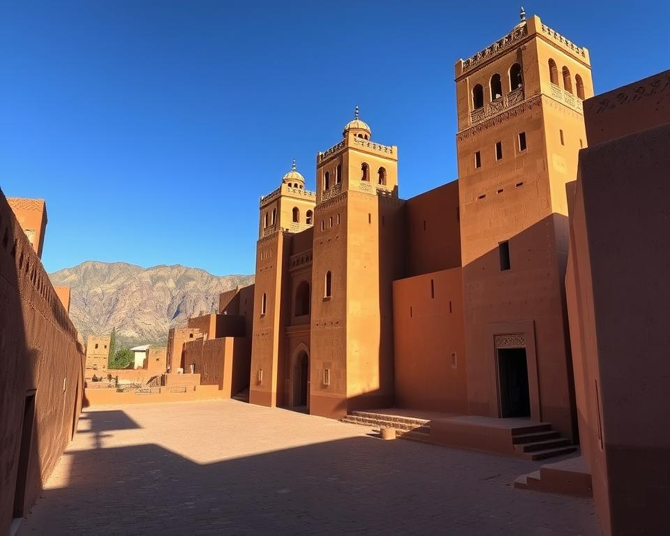 A stunning architectural marvel, Ait Ben Haddou, stands tall in the Moroccan desert. Capture the intricate mud-brick structures, their warm ochre hues contrasting against the vibrant blue sky. Narrow winding alleys lead to grand gateways, ornate towers casting long shadows across the scene. In the foreground, a serene plaza invites exploration, while in the distance, the rugged Atlas Mountains provide a majestic backdrop. Employ a wide-angle lens to showcase the scale and grandeur of this UNESCO World Heritage site, bathed in the soft, golden light of the Moroccan sun. Convey a sense of timeless history and enduring cultural significance through this captivating image.