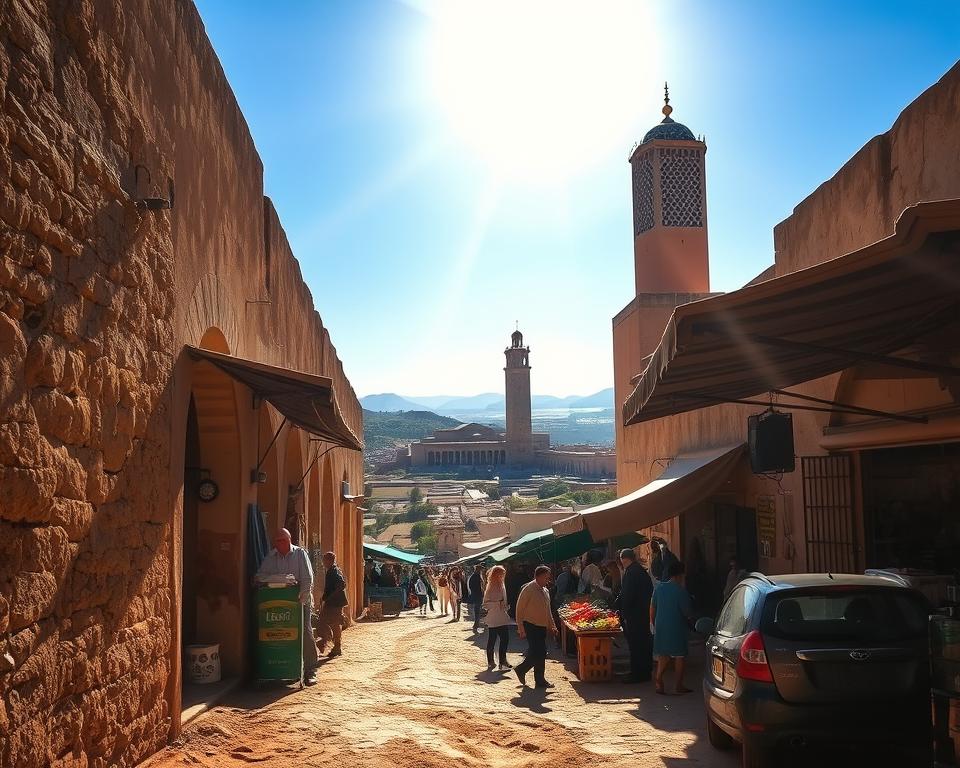 A sun-drenched scene of Meknes, Morocco, with the towering ruins of Volubilis in the distance. In the foreground, a winding dirt path leads past weathered stone walls and vibrant local markets, where merchants hawk their wares. Rays of golden light filter through the archways, casting a warm glow over the bustling city. In the middle ground, the iconic minaret of the Bou Inania Medersa rises majestically, its intricate tilework and graceful architecture a testament to the region's rich cultural heritage. The background is dominated by the sprawling ruins of Volubilis, their ancient columns and mosaic floors preserved against the backdrop of the rolling Moroccan hills. An atmospheric, immersive scene capturing the essence of a day spent exploring the history and vitality of this enchanting corner of Morocco.