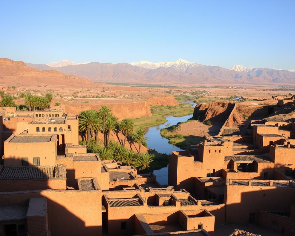 A sweeping vista of the ancient fortified village of Ait Ben Haddou, nestled in the foothills of the High Atlas mountains. In the foreground, the sun-baked mud-brick structures cast long shadows, their intricate details and geometric patterns inviting closer inspection. In the middle ground, the winding river Ounila reflects the warm hues of the surrounding landscape, framed by lush palm trees and rugged cliffs. The background is dominated by the majestic snow-capped peaks of the Atlas range, creating a dramatic and picturesque setting. The scene is bathed in the soft, golden light of late afternoon, evoking a timeless, serene atmosphere.