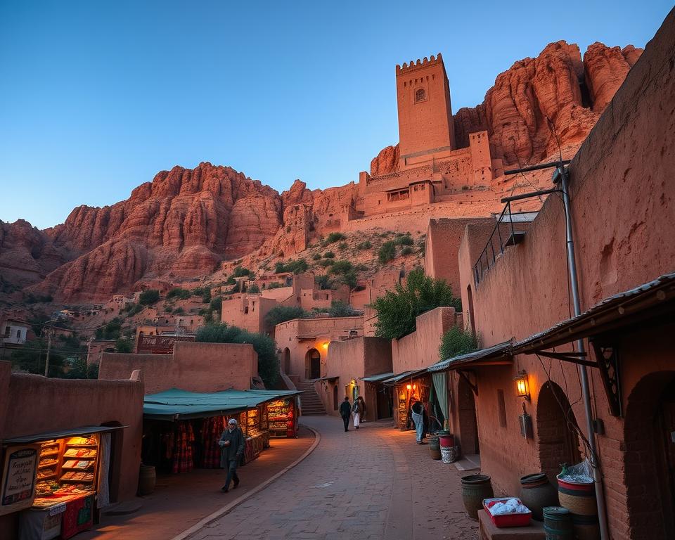 A towering kasbah rises against a backdrop of rugged, ochre-hued mountains, its mud-brick walls and intricate architectural details bathed in the warm glow of the Moroccan sun. In the foreground, a winding path leads through the narrow, winding streets, past the vibrant local market stalls and traditional Berber houses. The scene exudes a timeless, enchanting atmosphere, capturing the essence of Ait Ben Haddou's enduring cultural heritage. Soft, diffused lighting accentuates the interplay of shadows and highlights, while a wide-angle lens provides a sweeping, panoramic perspective to fully immerse the viewer in this captivating Moroccan oasis.