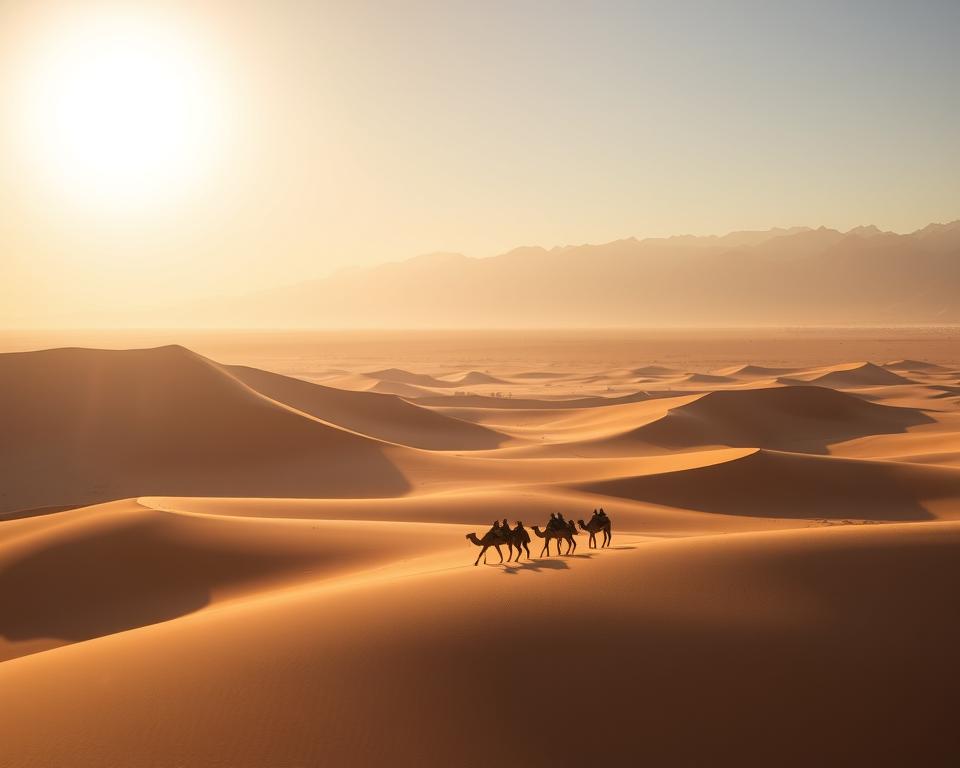 A vast, arid landscape stretches out beneath a brilliant desert sun, with towering, undulating dunes casting long shadows across the sand. In the distance, the majestic Atlas Mountains rise, their snow-capped peaks creating a dramatic contrast against the warm, golden tones of the desert. A lone Bedouin camel caravan traverses the dunes, its silhouettes creating a sense of timelessness and adventure. The scene is bathed in a warm, golden light, creating a sense of warmth and tranquility, inviting the viewer to imagine the journey from Marrakech to the enchanting Valley of Dades.
