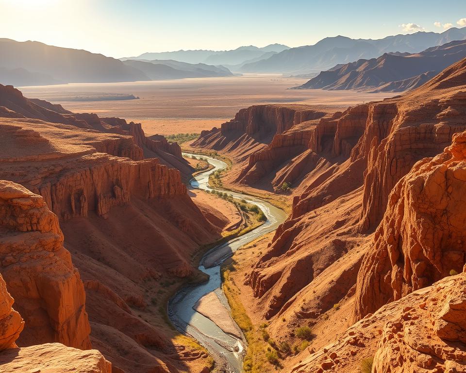 A vast, arid landscape unfolds, with the majestic peaks of the High Atlas mountains rising in the distance. In the foreground, the winding river of the Dades Gorge carves through the ochre-hued canyon walls, casting dramatic shadows across the rugged terrain. Weathered rock formations, sculpted by the relentless wind, dot the scene, creating a sense of timeless, untamed beauty. The sun casts a warm, golden glow, illuminating the vibrant colors of the desert flora and accentuating the dramatic textures of the landscape. The resulting image should evoke a sense of adventure and the grandeur of this remote, yet captivating, corner of the Saharan desert.