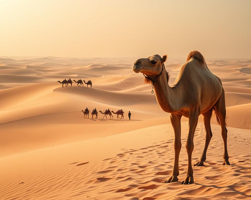 A vast expanse of golden dunes stretches out under a warm, hazy sky. In the foreground, a lone Berber camel stands sentry, its weathered face and graceful silhouette framed by the undulating sands. Farther back, a group of travelers on camels make their way across the desert, their figures small and distant, evoking the scale and solitude of this ancient landscape. The scene is bathed in a soft, diffused light, casting long shadows and lending an ethereal, timeless quality to the composition. The rugged, wind-sculpted dunes recede into the horizon, their subtle textures and gradients of color conveying the beauty and tranquility of the Sahara Desert in Morocco.