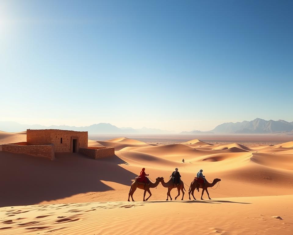 A vast, sun-drenched Moroccan desert landscape, with rolling sand dunes and a clear, azure sky. In the foreground, a small caravan of camels and their Berber riders, their traditional robes and headwraps catching the warm desert wind. In the middle ground, a weathered, ancient stone structure, its walls casting long shadows across the sand. In the distance, the jagged silhouettes of distant mountains, their peaks shrouded in a hazy mirage. The scene is bathed in a golden, late-afternoon glow, creating a sense of timeless, rugged beauty. A wide-angle lens captures the dramatic scale and isolation of this quintessential desert scene.