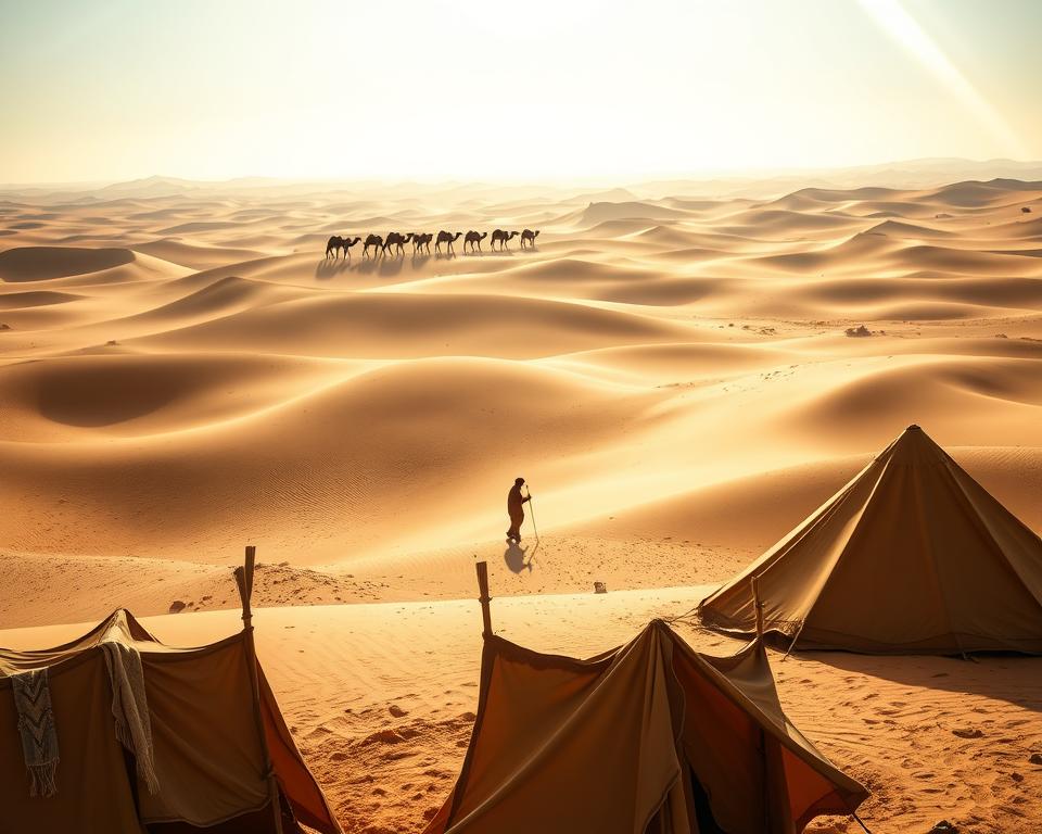 A vast, sun-drenched expanse of golden dunes stretches out before the viewer, their undulating forms casting dramatic shadows across the landscape. In the middle distance, a lone Bedouin guide leads a caravan of camels, their silhouettes standing in stark relief against the azure sky. The foreground is dotted with rugged, weathered tents, their fabric fluttering gently in the warm desert breeze. Rays of golden light filter through the hazy atmosphere, imbuing the scene with a sense of timeless tranquility. The overall mood is one of adventure, discovery, and the enduring spirit of nomadic exploration in the heart of the Sahara desert.