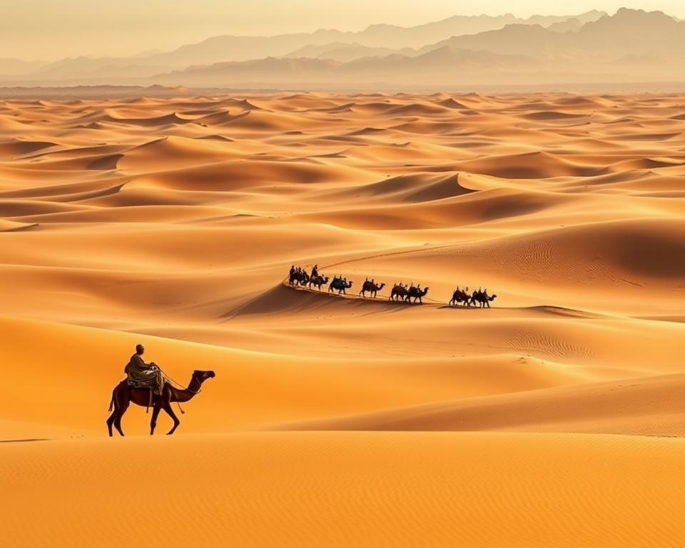 A vast, sun-drenched expanse of ochre dunes and rippling sands stretches before the viewer, with the silhouettes of camels and their Berber guides in the foreground. In the middle ground, a caravan winds its way across the undulating landscape, its colorful tents and billowing fabrics casting long shadows in the golden light. In the distance, the hazy outline of the Atlas Mountains rises, their snow-capped peaks glinting in the distance. The scene exudes a sense of adventure and exploration, capturing the essence of a 4-day desert excursion from Marrakech.