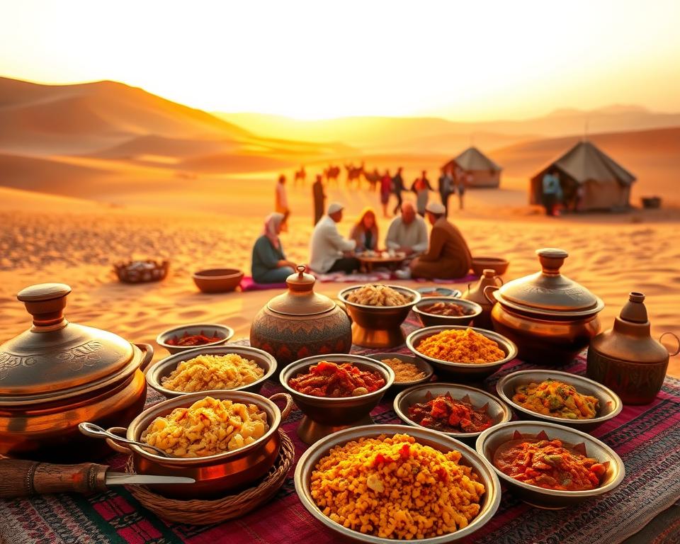 A vibrant Moroccan desert landscape, bathed in warm, golden light. In the foreground, an assortment of traditional Moroccan dishes - fragrant tagines, couscous, and an array of colorful spices and condiments. Copper serving vessels and handwoven textiles add to the authentic, earthy ambiance. In the middle ground, a small group of people sharing a communal meal, engaged in lively conversation. The background features towering dunes, with the silhouettes of camels and Berber tents in the distance, hinting at the rich nomadic culture. The overall scene evokes the flavors, aromas, and communal spirit of Moroccan gastronomy in the heart of the desert.