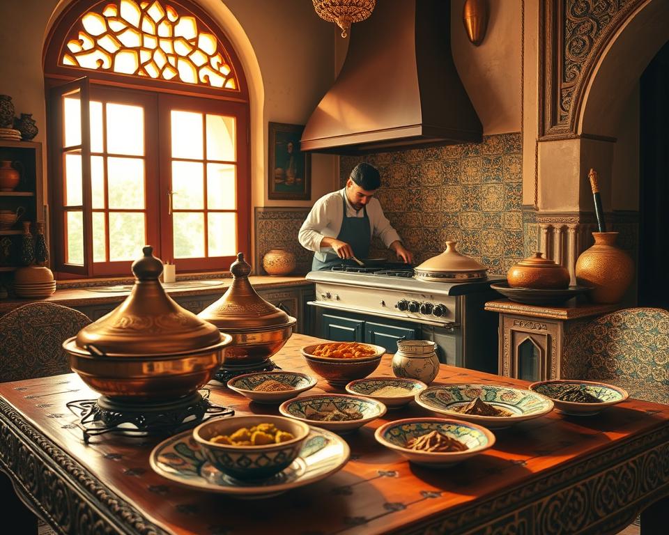 A vibrant Moroccan kitchen scene, bathed in warm, golden light from large windows. In the foreground, an ornate, hand-carved table is set with traditional copper tagines, intricately patterned ceramic plates, and assorted spices in colorful bowls. The middle ground features a skilled cook in traditional Moroccan attire, stirring a fragrant stew on a vintage stove. In the background, ornate tile work and textured plaster walls evoke the rich cultural heritage of the region. The overall atmosphere is one of inviting aromas, rich flavors, and a sense of culinary exploration, perfectly capturing the "Experiencia gastronómica en el camino" section of the article.