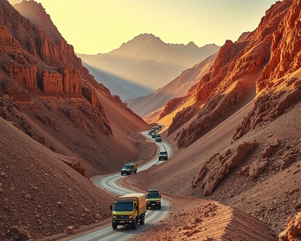 A winding mountain road snakes through the rugged, ochre-hued peaks of the High Atlas range, with the Tizi n'Tichka pass rising majestically in the distance. Dramatic rocky outcroppings and steep, terraced hillsides frame the scene, bathed in warm, golden sunlight that casts long shadows across the landscape. In the foreground, a convoy of traditional Berber caravans and 4x4 vehicles navigates the treacherous switchbacks, their vibrant colors and weathered textures contrasting with the stark, arid environment. The overall atmosphere evokes a sense of timeless adventure and the challenges of traversing this magnificent, otherworldly terrain.