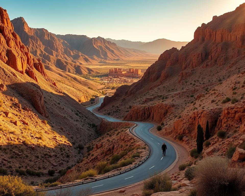 A winding road winds through the rugged Atlas Mountains, flanked by towering peaks and sparse vegetation. The midday sun casts warm, golden light across the scene, illuminating the rocky terrain and casting dramatic shadows. In the distance, the ancient city of Ait Ben Haddou emerges, its mud-brick structures rising against the backdrop of the majestic landscape. The route is dotted with traditional Berber villages, offering a glimpse into the timeless culture of the region. Travelers navigate the serpentine path, taking in the breathtaking vistas and the sense of isolation that pervades this remote, awe-inspiring realm.