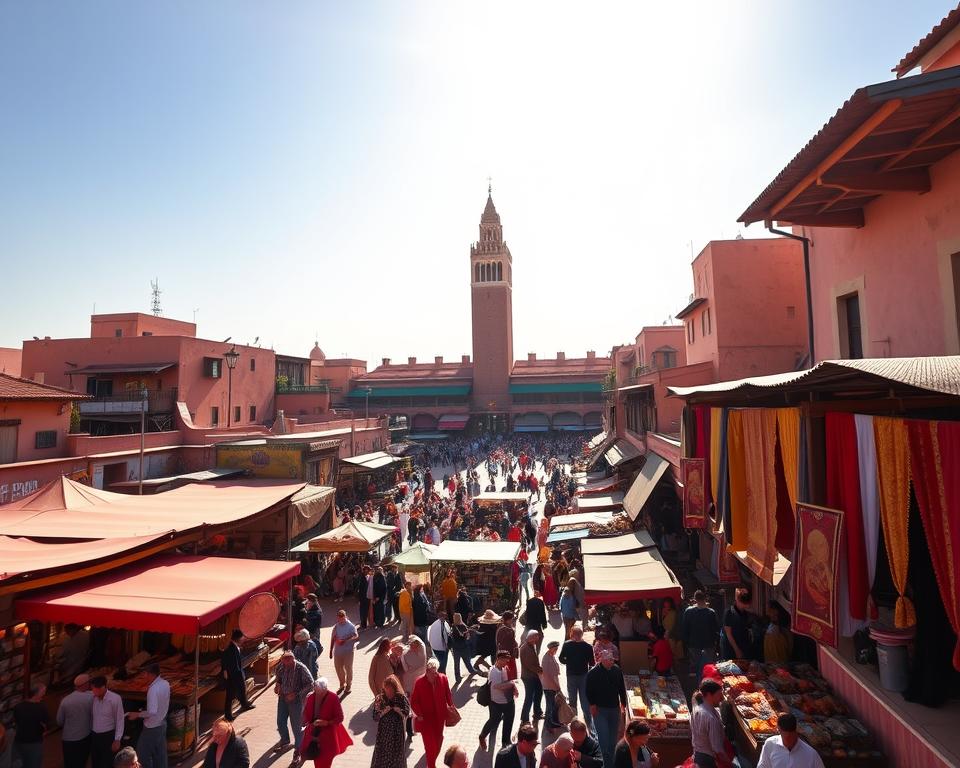 Bustling Plaza Jemaa el-Fna in Marrakech, Morocco, under the warm afternoon sun. Stalls filled with aromatic spices, vibrant fabrics, and skilled artisans. Narrow alleyways leading to hidden courtyards, echoing with the sounds of snake charmers, storytellers, and lively crowds. In the center, a towering minaret casts a long shadow over the bustling scene. Capture the energy and spirit of this iconic Moroccan marketplace, with its rich colors, lively atmosphere, and timeless sense of place.