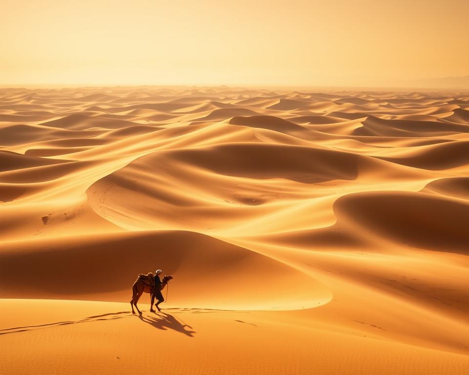 Expansive, golden sand dunes of Erg Chebbi in Merzouga, Morocco, stretching to the distant horizon. A warm, hazy light bathes the undulating landscape, casting long shadows that accentuate the dramatic curves and slopes. In the foreground, a lone Berber man guides his camel through the dunes, their silhouettes standing in stark contrast against the vibrant sky. The middle ground features towering, sculptural dunes, their peaks and valleys captured in vivid detail. In the background, a faint haze obscures the distant mountains, creating a sense of depth and mystery. Capture the tranquility and vastness of this iconic Saharan landscape.