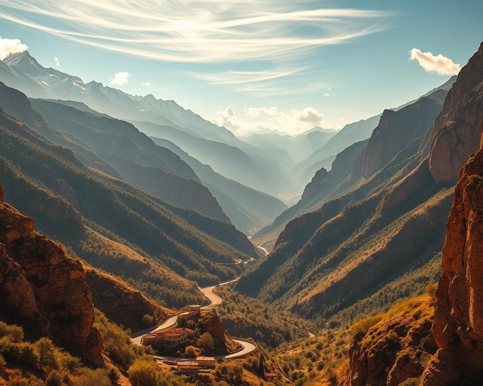 Majestic mountain landscape of the Middle Atlas, Morocco. Towering peaks capped with snow stretch across the horizon, their rugged slopes covered in lush, verdant forests. A winding road winds its way through the valley, flanked by dramatic cliffs and dotted with traditional Berber villages. Warm, golden sunlight bathes the scene, casting long shadows and lending an air of tranquility. Wispy clouds drift overhead, hinting at the changeable nature of this awe-inspiring terrain. The viewer is transported to a realm of unspoiled natural beauty, a serene and captivating glimpse of the Moroccan countryside.