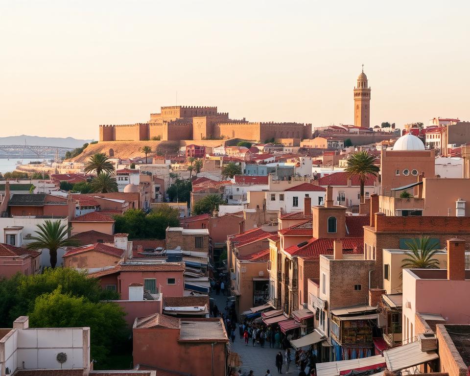 Rabat, the resplendent capital of Morocco, nestled along the banks of the Bou Regreg River. A majestic citadel crowns the skyline, its ancient walls casting a benevolent gaze over the bustling medina below. Quaint alleyways wind through the old town, lined with vibrant souks pulsing with the rhythm of local life. In the distance, the gleaming white-domed Hassan Tower stands tall, a testament to the city's Moorish heritage. Bathed in the warm hues of the Moroccan sun, Rabat exudes an air of timeless elegance, inviting visitors to immerse themselves in its captivating blend of history and modernity.