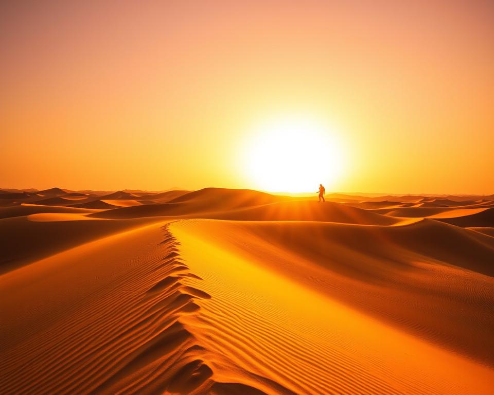 Sunrise over the majestic Saharan dunes, a vast expanse of golden sand undulating beneath a vibrant, cloudless sky. Warm rays of sunlight caress the rippled surfaces, casting long shadows and highlighting the dramatic contours. In the distance, a lone desert wanderer emerges, trekking across the dunes, their silhouette providing a sense of scale and human connection to this awe-inspiring natural wonder. Capture the tranquil, timeless essence of the Moroccan Sahara, the perfect scene to illustrate the day's exploration of this captivating desert landscape.
